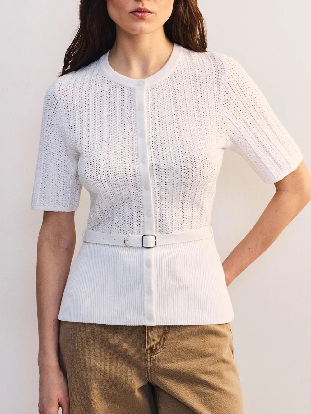 Zara NWT knit Short Sleeve Button-Up shirt sleeve belted cardigan top
